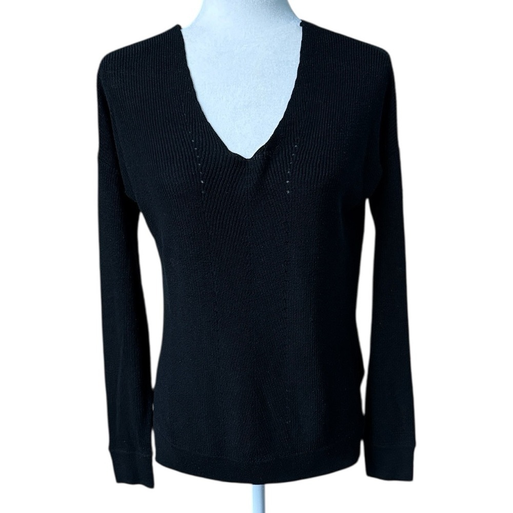 FATE Black Soft Knit Ribbed V-Neck Long-Sleeve Pullover Sweater Top Small